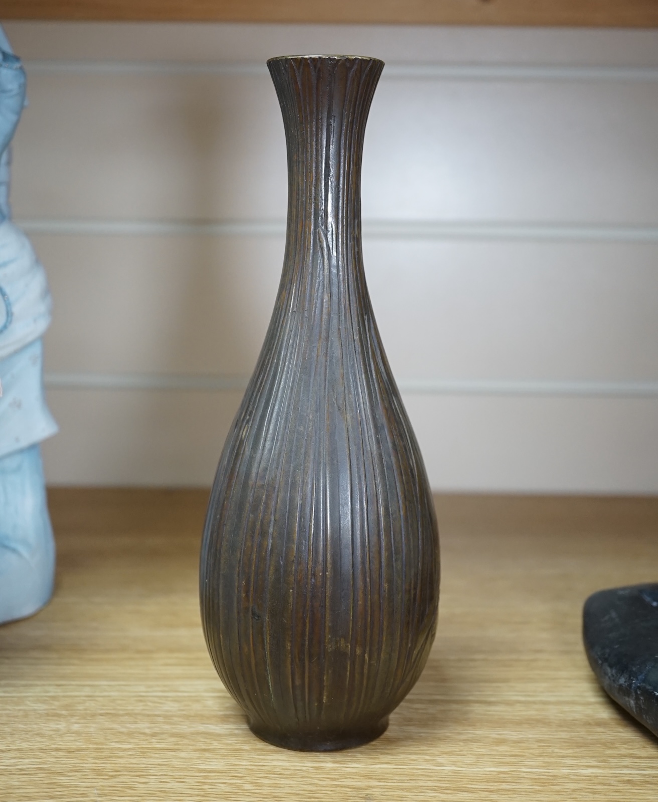 A Japanese bronze 'Iris’ vase, 24cm high. Condition - some marks to body of vase